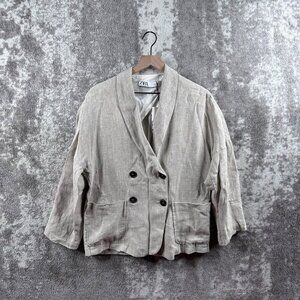 New Zara Blazer Small Mens Beige Oatmeal Double-Breasted Linen Unlined Coat